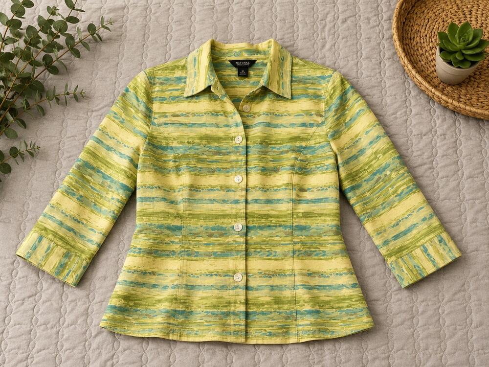 Multiples Women’s L Abstract Jacket Green Turquoise Button Front Y2K Artsy